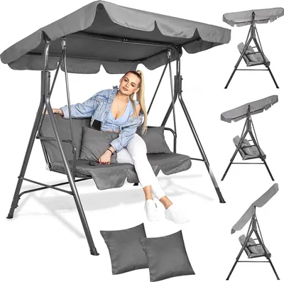 Produktbild von SPRINGOS Gartenschaukel Luna, Hollywoodschaukel mit Dach, m. Kissen, Schaukelbank, 3-Personen-Schaukel, HxBxT: 150x170x110 cm (Grau)