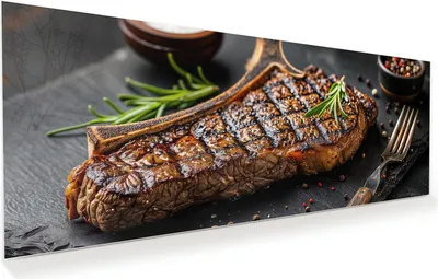 Produktbild von Glasbild 100x40cm in XXL für Wohnzimmer, Schlafzimmer Motiv Gegrilltes Steak