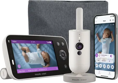 A baby monitor system with a parent unit, a camera unit, and a smartphone displaying the baby monitor app.