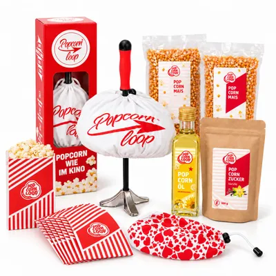 Produktbild von Das Starter Paket Popcornloop, Butterfly, Mushroom, 10 Stk Popcorn Tüten, Zusatzhaube, Popcornzucker