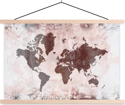 Produktbild von MuchoWow® Textilposter Weltkarte - Vintage - Rot 120x80 cm mit holzfarbenen Rahmen - Aufhängeset