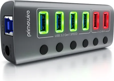 Produktbild von Primewire - Hub USB 3.2 Gen.1 6 portów aktywny przełączany - z zasilaczem - 4 x USB 3.2 Gen1, 2X USB 3.0 z smart Charge (porty ładowania) - aluminiowa obudowa szary - do notebooków PC laptopów tabletów PC - do 5 Gbit/s