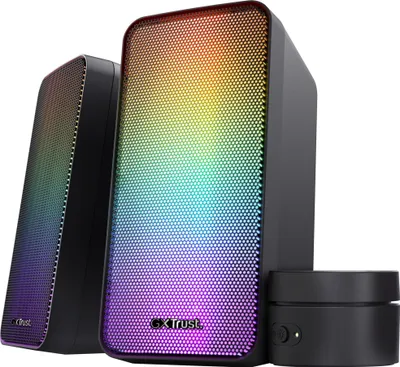 Produktbild von Trust Gaming GXT 611 Wezz 2.0 PC Lautsprecher mit RGB LED-Beleuchtung, 12 W (6 W RMS), 3,5 mm AUX Klinke, USB Soundsystem, Stereo Computer Boxen für PC, Laptop, Tablet, Desktop - Schwarz
