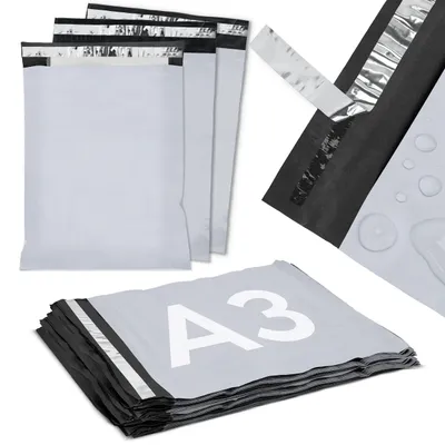 Zdjęcie produktu dla Szare foliopaki kurierskie A3 310×420 mm – 50 sztuk – Wytrzymałe koperty foliowe do przesyłek