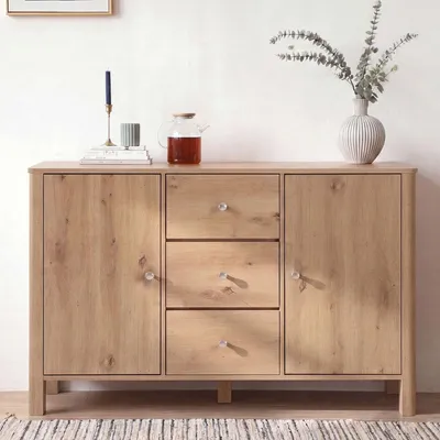 Productafbeelding van Dressoir met 3 lades en 2 deuren, 120x40x80 cm, eikenhout. Kommode/kast