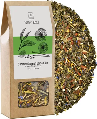 Produktbild von Mary Rose - Grüner Tee Summer Gourmet Edition 50g - Yunnan Basis, Zitronengras, Minze, Goji-Beeren, Blütenblätter - Natürliche Zutaten, Erfrischend
