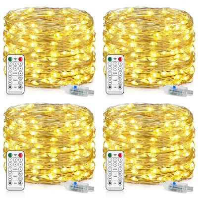 Zdjęcie produktu dla Świateł LED na USB, 15 metrów, 150 diod LED, 8 trybów, 4 sztuki. Miedziane lampek LED z wtykiem USB, z timerem, wodoodporne. Idealne do dekoracji wnętrz i użytku zewnętrznego, na Boże Narodzenie, imprezy i inne okazje. Barwa: ciepła