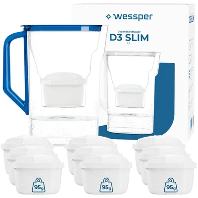 Imagen del producto de Jarra filtrante Wessper D3 SLIM, 2,7 litros, color azul, con 10 filtros aquamax