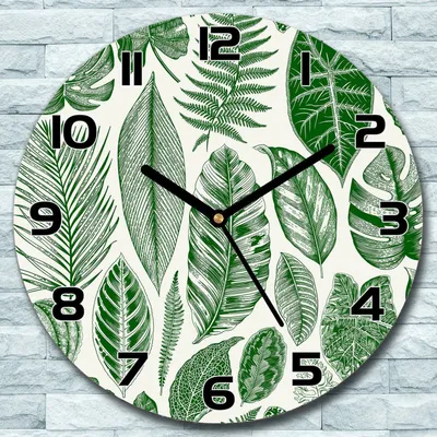 Produktbild von Wanduhr aus Glas Rund fi 30 Grüne Blätter Quarz Deko Schlafzimmer Büro