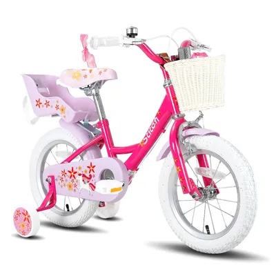 Produktbild von HILAND Joystar 14 Zoll Kinderfahrräder Mädchen mit Puppensitz, Stützräder, Korb, Schutzbleche, V-Brake-Bremsen, Magenta