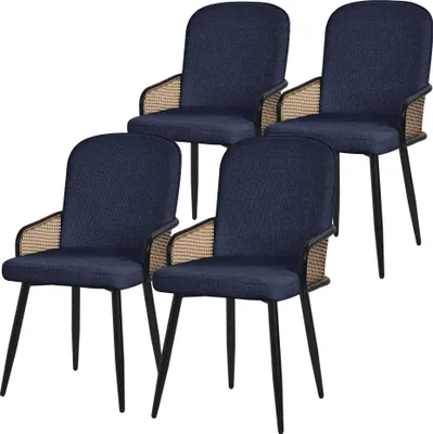 Produktbild von ML-Design Esszimmerstühle 4er Set Dunkelblau Stoffbezug Küchenstuhl mit Rattan Optik-Armlehnen Gepolsterte Stühle mit Metallbeinen Sessel ergonomisch
