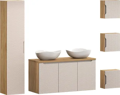 Zdjęcie produktu dla Nowoczesny Zestaw Łazienkowy 120 Cm Z 2 Umywalkami I Szafką Wysoką