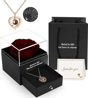 Produktbild von ADAZ Ewige echte Rose mit I Love You Halskette in Geschenkbox - Weinrot