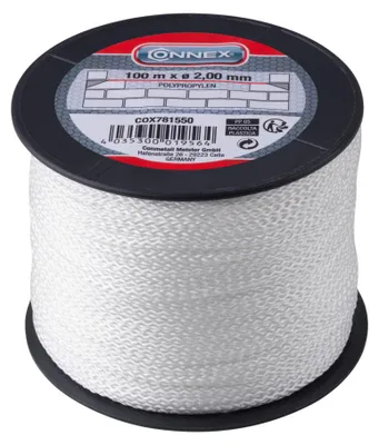 Zdjęcie produktu dla Sznur murarski CONNEX, z polipropylenu, pleciony, 100 m, nośność maks. 70 kg, Ø 2,0 mm, biały, COX781550
