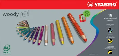 Immagine prodotto di Matita colorata, acquerello e pastello a cera - STABILO woody 3 in 1 - Confezione da 18 pezzi con temperino - con 18 colori diversi