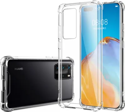 A clear protective case for a Huawei P40 Lite smartphone is shown, with the phone inside the case.