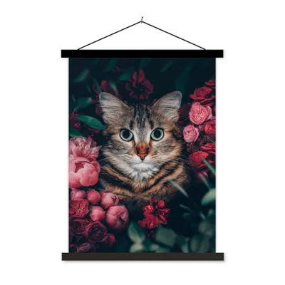 Produktbild von MuchoWow® Textilposter Katze - Blumen - Blätter - Botanisch 90x120 cm mit schwarzem Rahmen - Dekoration