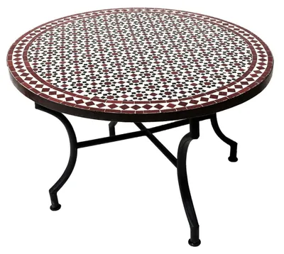Produktbild von ORIGINAL Marokkanischer Mosaiktisch Couchtisch ø 100cm Groß rund | Runder Kleiner Mosaik Gartentisch Mediterran | ALS Tisch Beistelltisch für Balkon oder Garten | Albaicin Schwarz Weiss Bordeaux 100cm