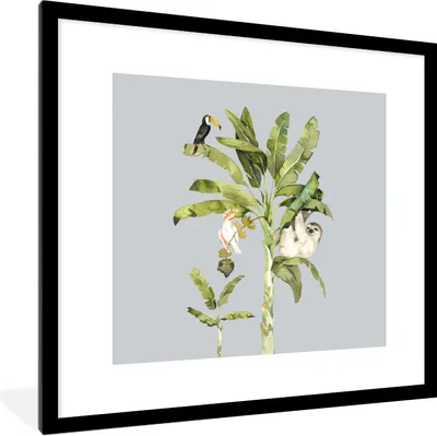 Produktbild von MuchoWow® Gerahmtes Poster Palme - Faultier - Tukan 40x40 cm - Poster mit Schwarzem Bilderrahmen Wandposter Rahmen Foto Bilder - Poster - Plakat im Rahmen