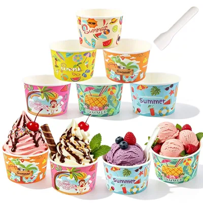 60 Papier-Eisbecher 180 ml mit Löffel, Einweg-Dessertbecher