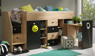 Produktbild von MINIO Hochbett mit Schreibtisch SMARTI 3 Schwarz Links