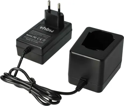 A black battery charger and its adapter are shown on a white background.
