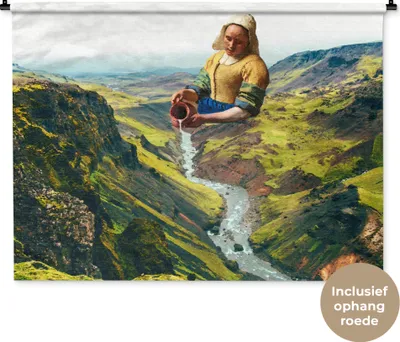 Produktbild von MuchoWow® Wandteppich Wandbehang Milchmädchen - Vermeer - Natur 120x90 cm Tapisserie Dekoration Wandtuch - Wohnen - Aufhänger für die Wand
