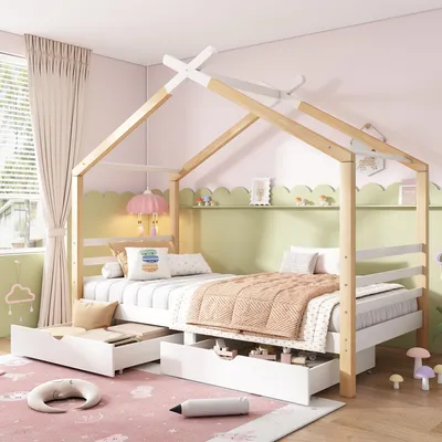 Produktbild von Kinderbett Hausbett 90x200 cm aus Kiefer-Massivholz mit Lattenrost & Schubladen Modernes Jugendbett Bettgestell Stabil mit Kopfteil Weiß & Natur