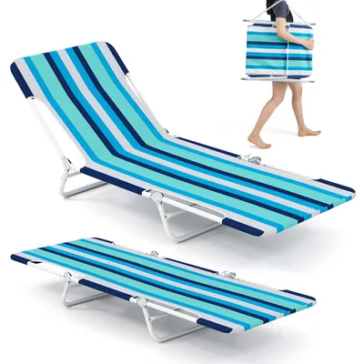 Image de COSTWAY Chaise longue de plage pliable, set de 2, Bain de soleil avec dossier et repose-pieds réglables et sangle de transport, Chaise longue pliable portable, Chaise longue jusqu'à 150kg Bleu