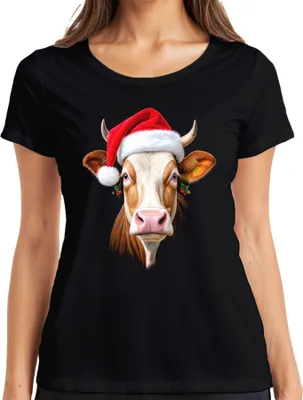 Produktbild von Weihnachtskuh Nikolausmütze Bauernhof Geschenk niedlich lustig Damen T-Shirt, Schwarz, XXL