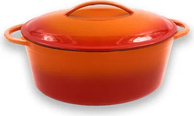 A cast iron Dutch oven with a lid, shown from a slightly elevated side angle against a white background.