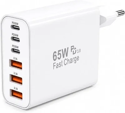 Productafbeelding van USB-C lader 65 W - 6 poorten - 3 USB-C en 3 USB-A - snel opladen