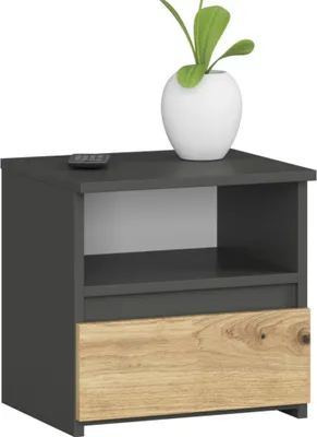 A nightstand with an open shelf and a drawer, topped with a white vase containing a green plant.