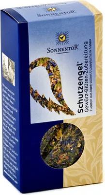 Produktbild von Sonnentor Schutzengel Gewürz-Blüten-Zubereitung , Pulverförmige Gewürze, 40 g, Lorbeerblatt, Schwarzer Pfeffer, Karotte, Koriander, Kreuzkümmel, Fenchel, Bockshornklee,..., Karottenstücke Koriander Ingwerstücke Krauseminze Knoblauch Kornblumen ..., 287 kcal, 1196 kJ
