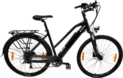 A black electric bicycle is shown against a white background.