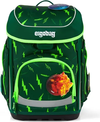 A green school backpack with a lightning bolt pattern and a fiery planet patch.