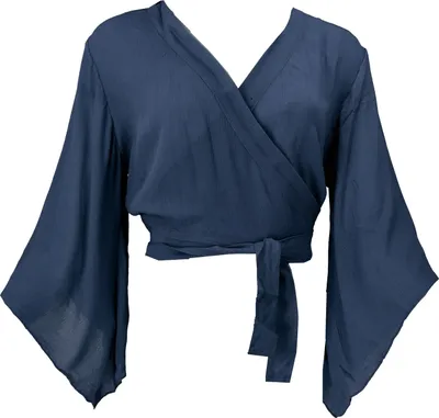 Produktbild von Kurztop, Boho Blusentop, Wickeltop, Wickelbluse mit Trompetenärmeln - Petrol, Damen, Blau, Viskose, Größe: S