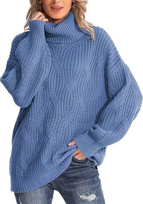 Produktbild von Damen Chunky Cable Strick Rollkragenpullover - Weicher, Übergrößer Langarm Winterpullover, Blau