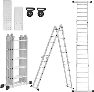 Produktbild von LARS360 550 cm hliníkový lešenársky rebrík Multifunkčný kombinovaný rebrík Skladací lešenársky rebrík s 2 plošinami (strieborný, 4 × 5 krokov)