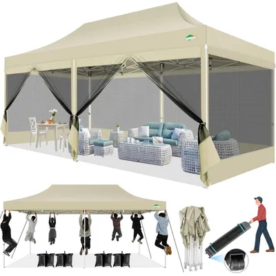 Immagine prodotto di Tenda da giardino 3x6 metri, impermeabile, con protezione UV e 6 pareti laterali in rete, color kaki