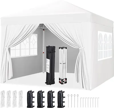 Imagen del producto de Pabellón de 3x3 metros con 4 paredes laterales, tipo pop-up, plegable, impermeable, resistente al invierno, con altura ajustable, incluye bolsa de transporte, estructura de acero, protección UV 50+, color blanco