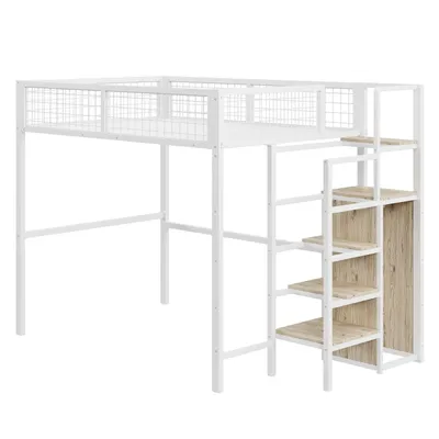 Produktbild von Hochbett 140*200 mit Leiter, Kinderbett mit Eisenrahmen und Aufbewahrungsregal, Kleiderschrank