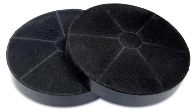 Two round black charcoal filters are shown against a white background.