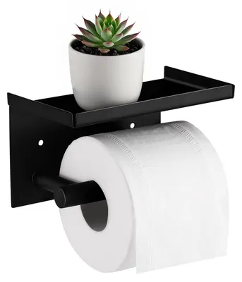 Image de Porte-papier hygiénique avec 2 options de fixation : fixation murale sans perçage, avec tablette, en acier inoxydable, noir