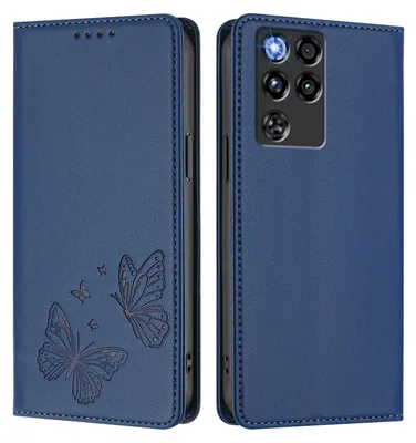 Produktbild von Lederhülle für ZTE nubia RedMagic 11 Pro, Schmetterling Prägung Leder Brieftasche Schutzhülle mit Ständer Dunkelblau