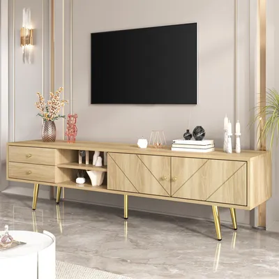 Image de OKWISH Meuble TV avec 2 Tiroirs et Portes Décoratives - MDF, Pieds Métal Doré - 160x36x42 cm - Bois Naturel