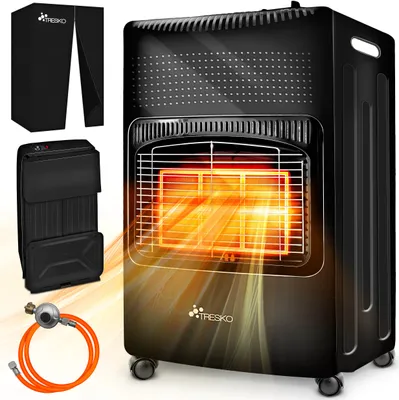 Produktbild von TRESKO® 4200 Watt Gasheizer schwarz inkl. Gasdruckregler Gasschlauch + Abdeckung | Gasofen Gasheizofen Keramik mit 3 Stufen | Infrarot Gasheizgerät Heizstrahler für Butan- oder Propangasflaschen bis 15 kg