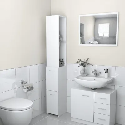 A clean, modern bathroom with white fixtures and cabinetry.
