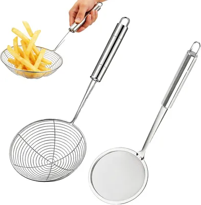 Image de Deux cuillères-passoires en acier inoxydable, à mailles fines, avec un long manche, pour une utilisation en cuisine