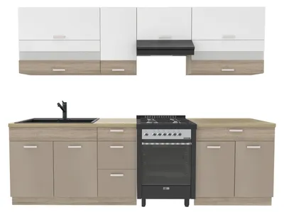 Produktbild von Küchenzeile 270 cm - Sonoma Beige Weiß - Ohne Arbeitsplatte - Metallbox Schubladen - Soft-Close - MDF - PREMIO B PLUS